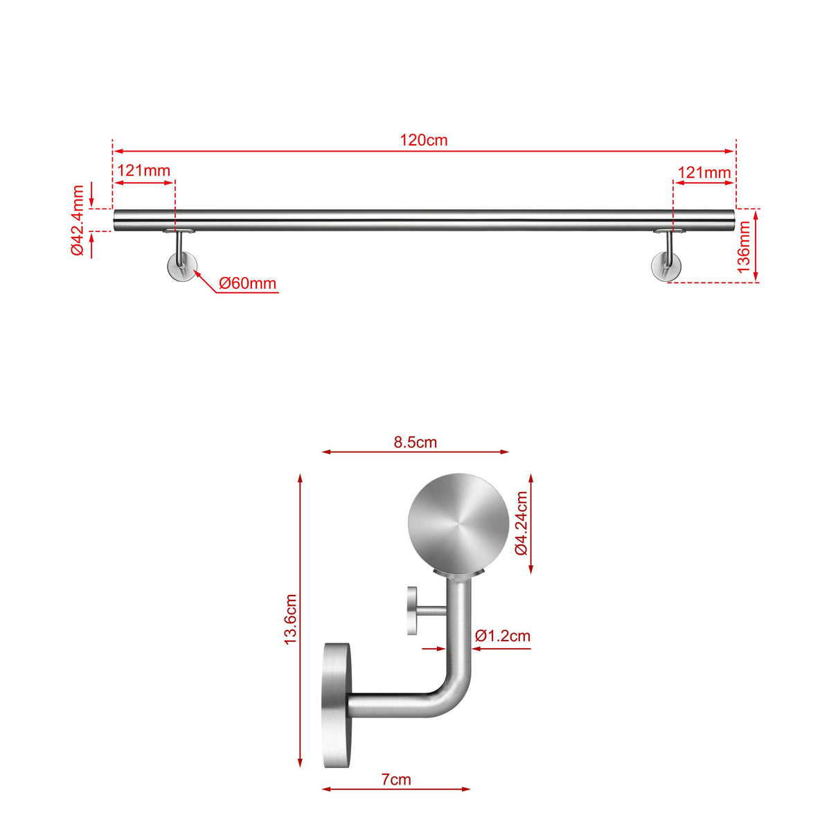 SKY 304 Stainless Steel Wall Mount Handrail, Brushed Silver Stair Railing