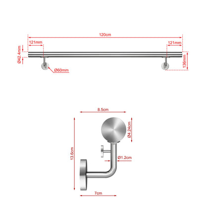 SKY 304 Stainless Steel Wall Mount Handrail, Brushed Silver Stair Railing