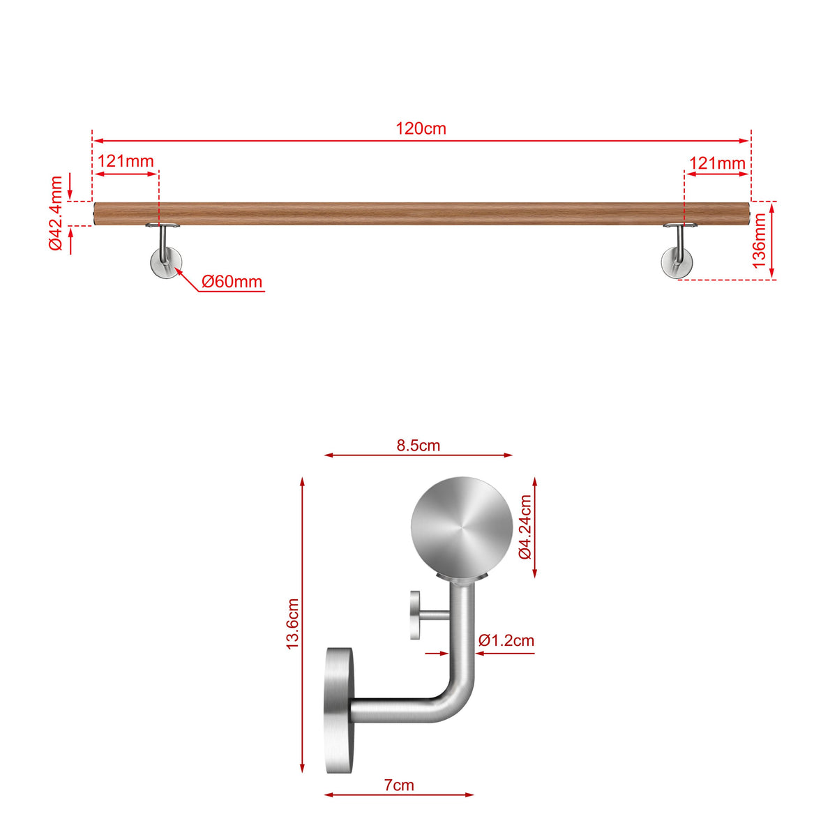 SKY 304 Stainless Steel Wall Mount Handrail, Wood Grain Finish