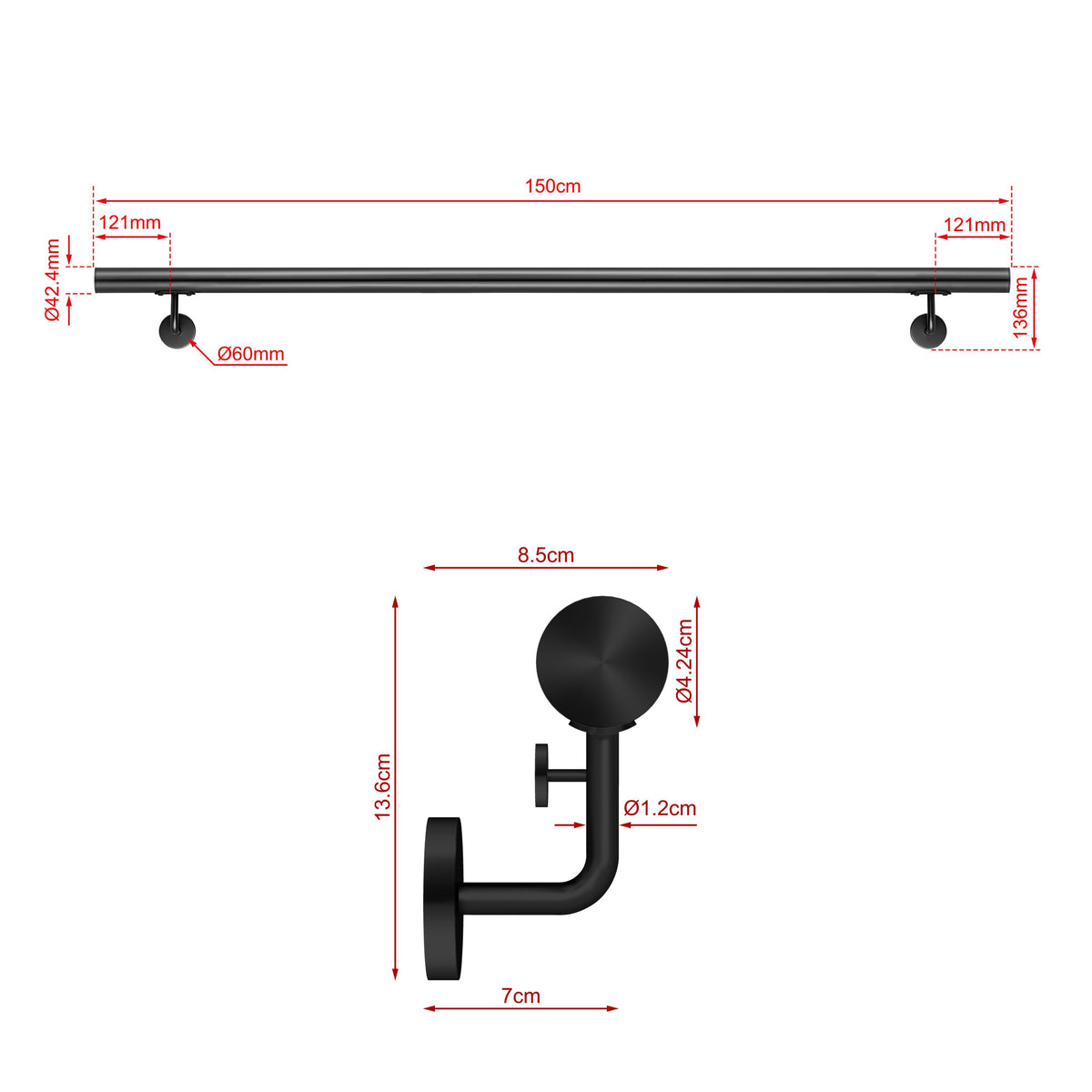 SKY Indoor Outdoor 304 Stainless Steel Wall Mount Handrail, Black Stair Railing