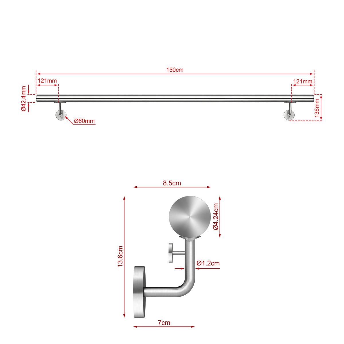 SKY 304 Stainless Steel Wall Mount Handrail, Brushed Silver Stair Railing