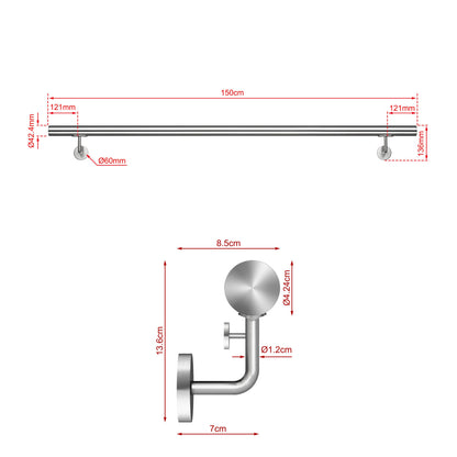 SKY 304 Stainless Steel Wall Mount Handrail, Brushed Silver Stair Railing