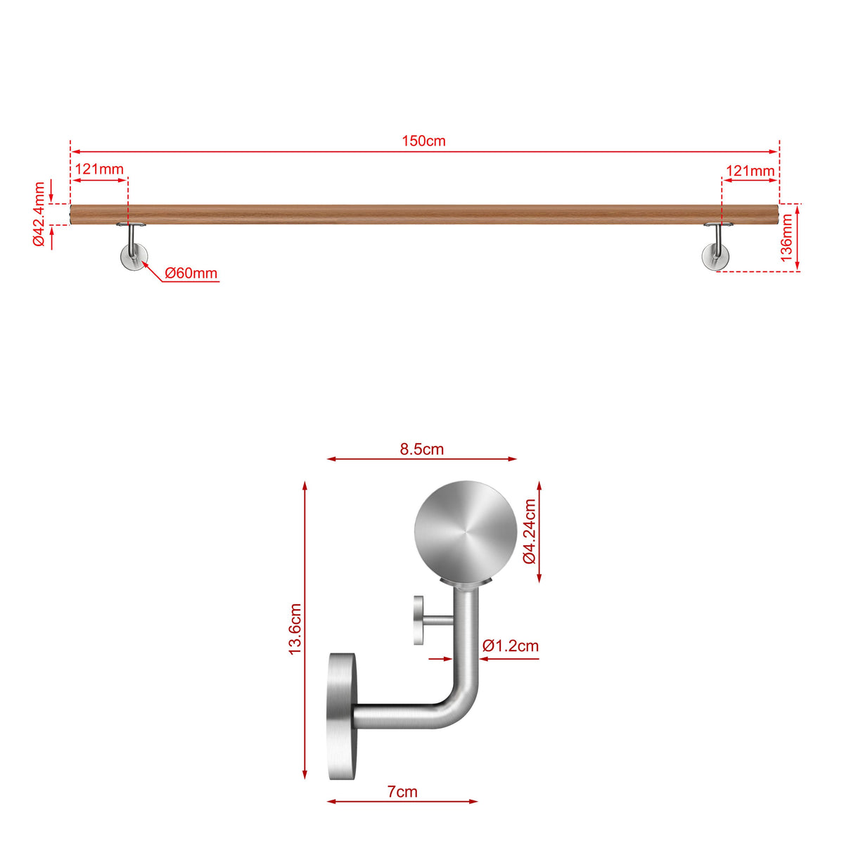 SKY 304 Stainless Steel Wall Mount Handrail, Wood Grain Finish