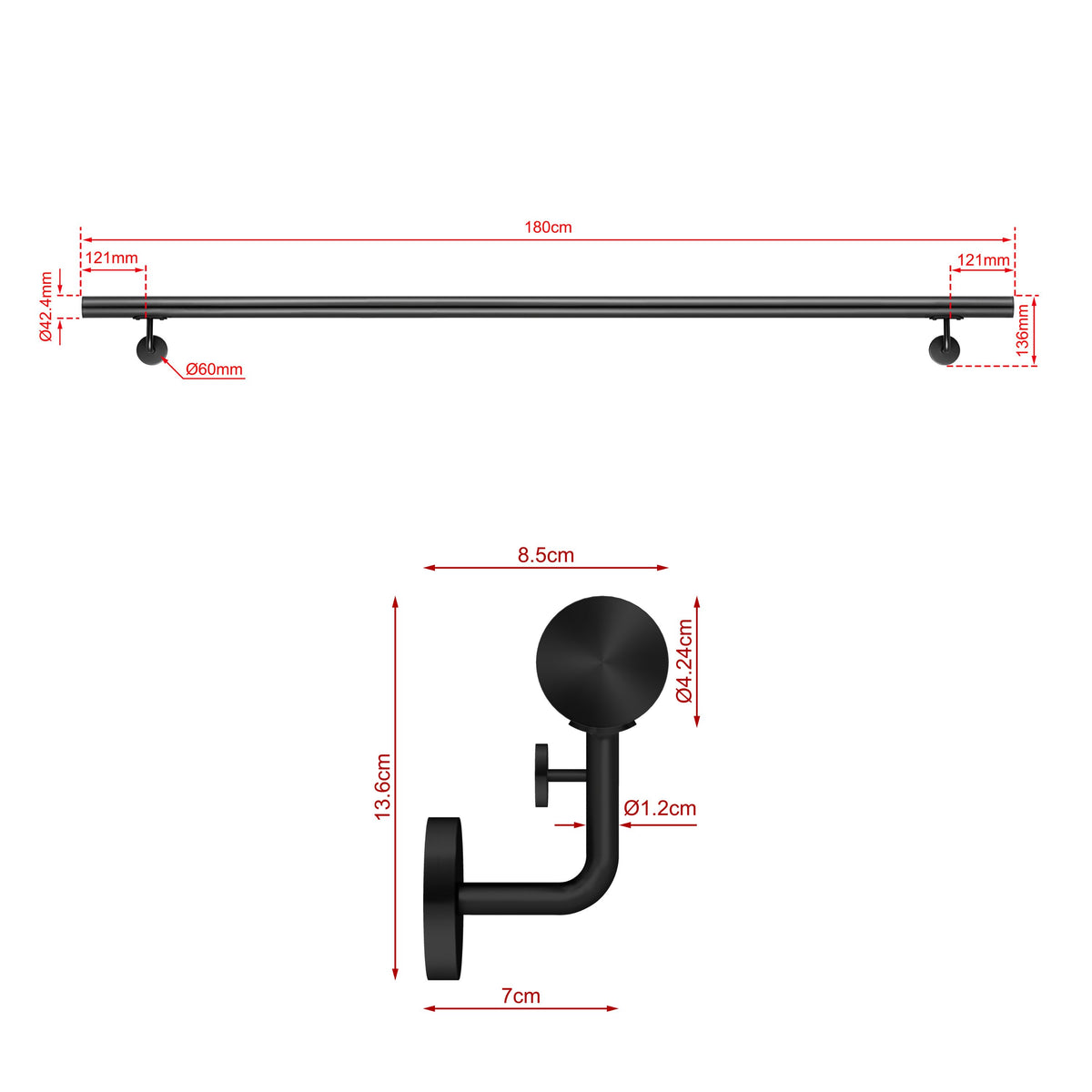 SKY Indoor Outdoor 304 Stainless Steel Wall Mount Handrail, Black Stair Railing