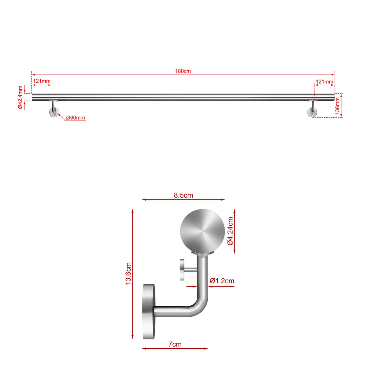 SKY 304 Stainless Steel Wall Mount Handrail, Brushed Silver Stair Railing