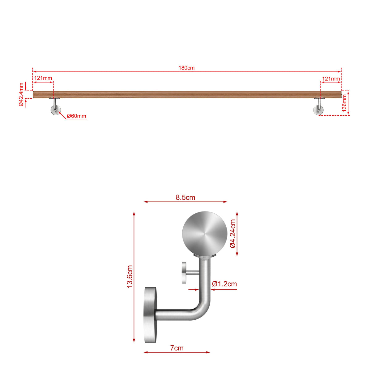 SKY 304 Stainless Steel Wall Mount Handrail, Wood Grain Finish