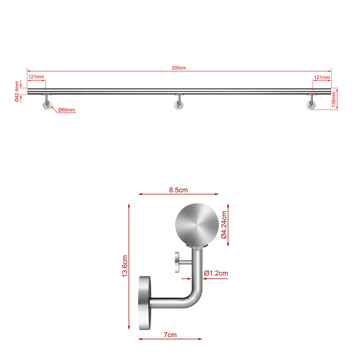 SKY 304 Stainless Steel Wall Mount Handrail, Brushed Silver Stair Railing