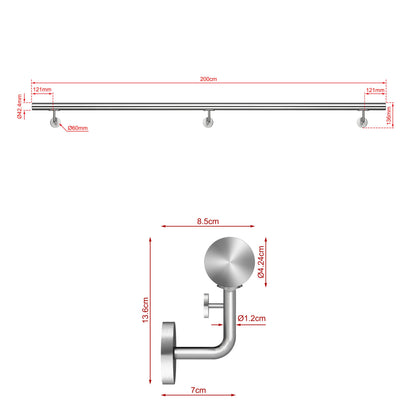 SKY 304 Stainless Steel Wall Mount Handrail, Brushed Silver Stair Railing