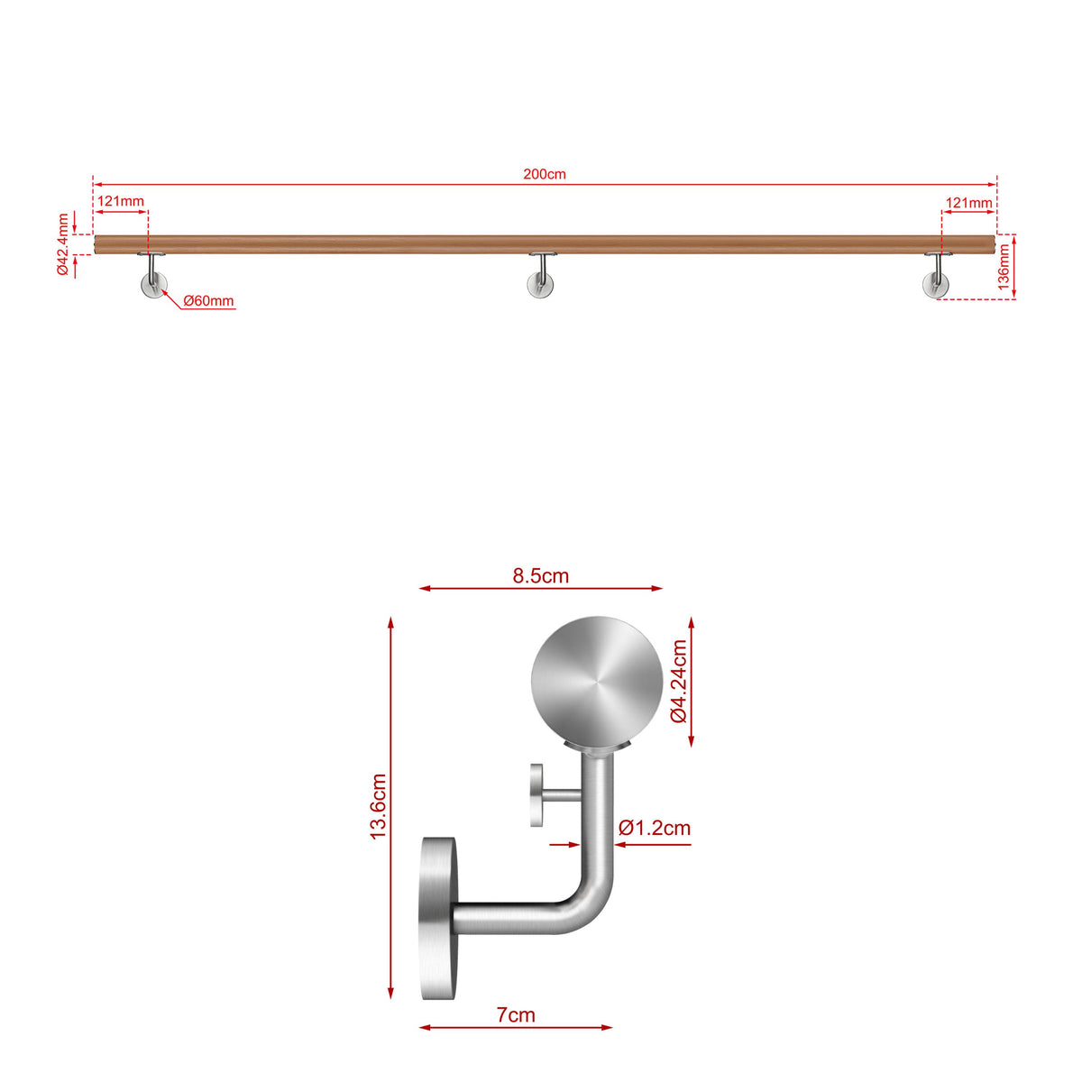 SKY 304 Stainless Steel Wall Mount Handrail, Wood Grain Finish