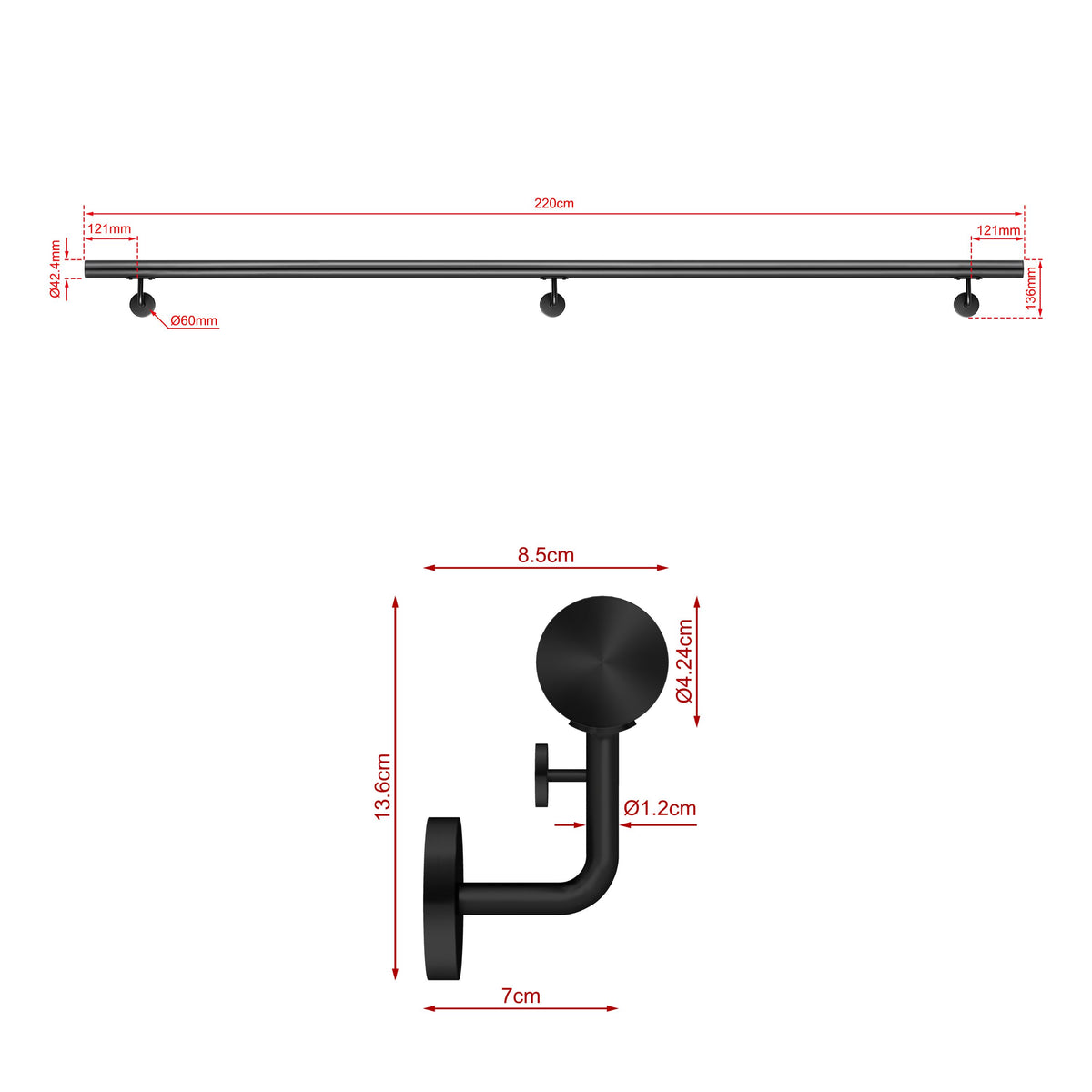 SKY Indoor Outdoor 304 Stainless Steel Wall Mount Handrail, Black Stair Railing