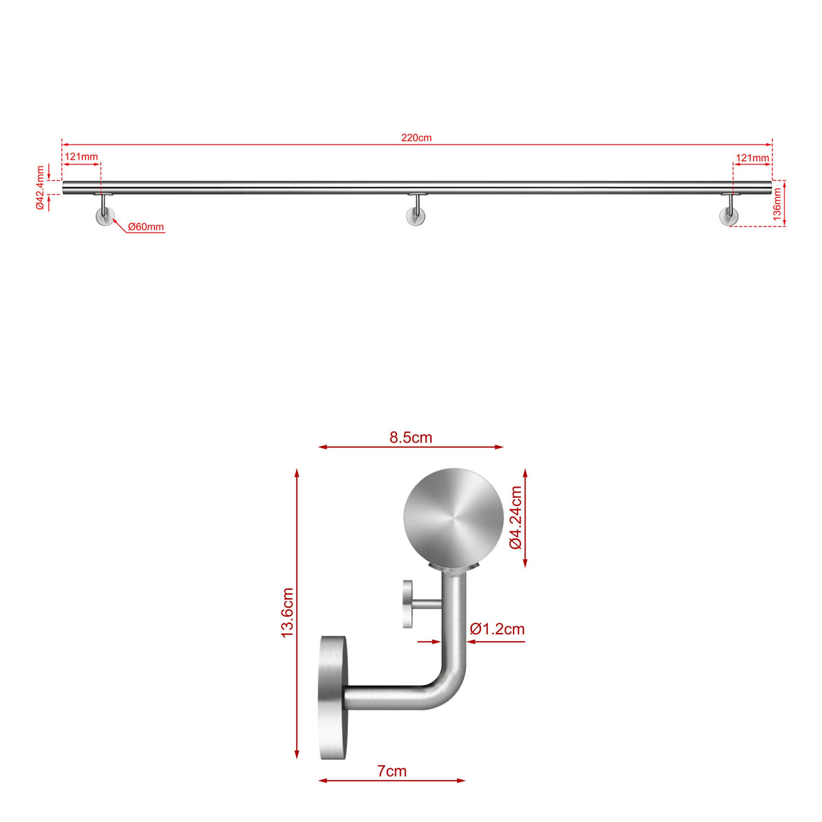 SKY 304 Stainless Steel Wall Mount Handrail, Brushed Silver Stair Railing