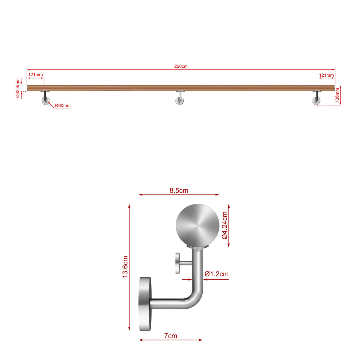 SKY 304 Stainless Steel Wall Mount Handrail, Wood Grain Finish