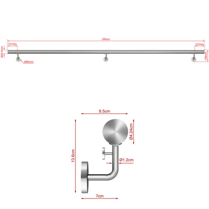 SKY 304 Stainless Steel Wall Mount Handrail, Brushed Silver Stair Railing