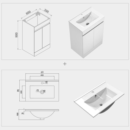 SKY 800x600mm Bathroom Anthracite Vanity Unit With Storage Space| Soft Close Doors|White Thick Ceramic Basin