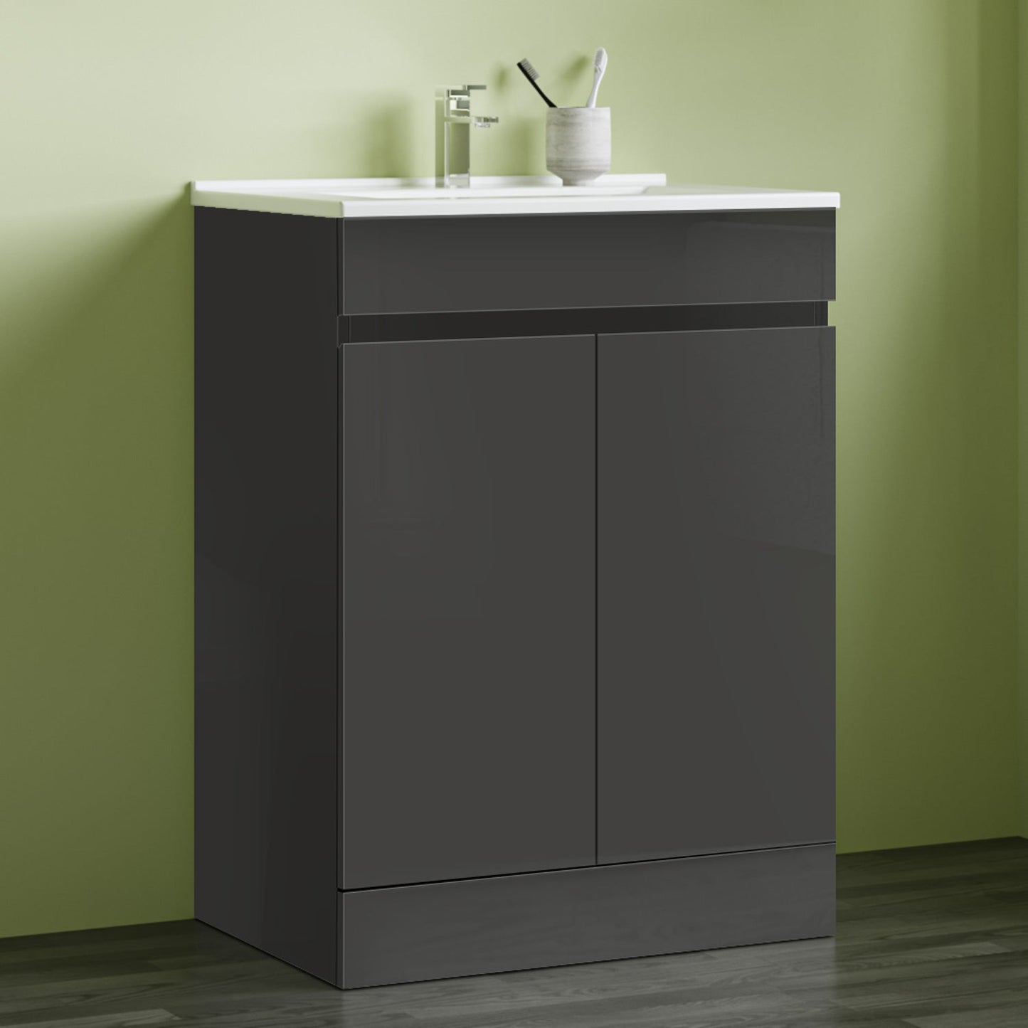 SKY 800x600mm Bathroom Anthracite Vanity Unit With Storage Space| Soft Close Doors|White Thick Ceramic Basin