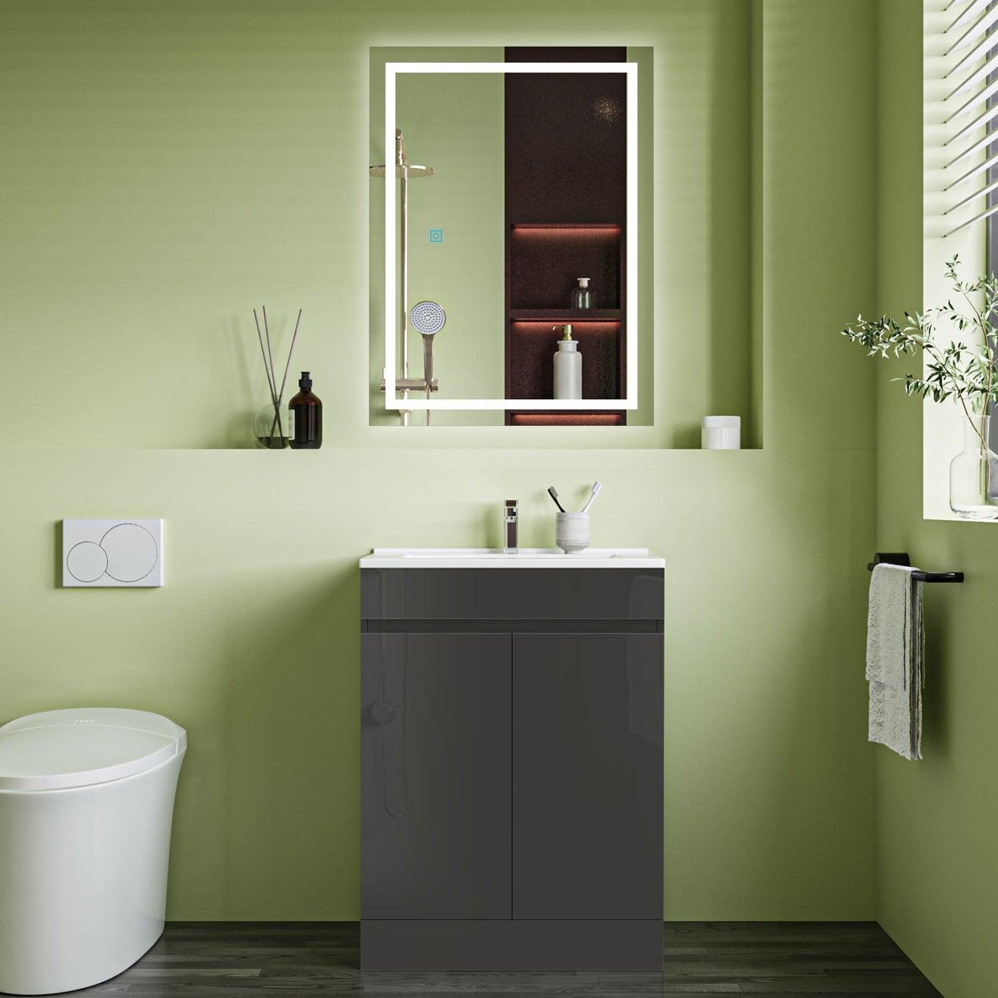 SKY 800x600mm Bathroom Anthracite Vanity Unit With Storage Space| Soft Close Doors|White Thick Ceramic Basin