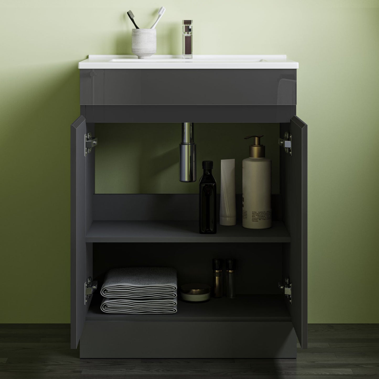 SKY 800x600mm Bathroom Anthracite Vanity Unit With Storage Space| Soft Close Doors|White Thick Ceramic Basin