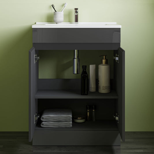 SKY 800x600mm Bathroom Anthracite Vanity Unit With Storage Space| Soft Close Doors|White Thick Ceramic Basin