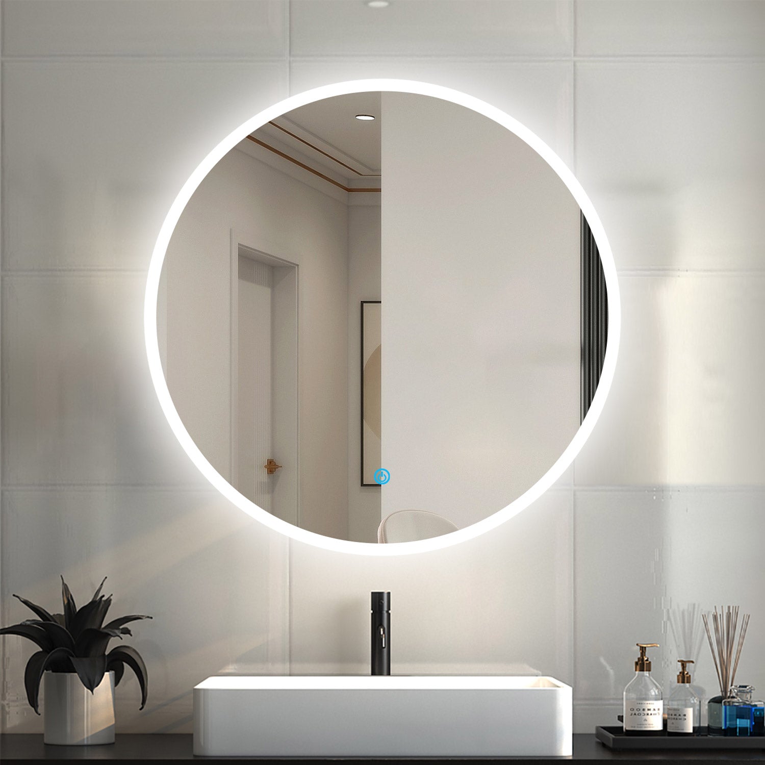 Round Bathroom Mirror with LED Lights, Illuminated Anti-fog Light up Backlit Vanity Mirror