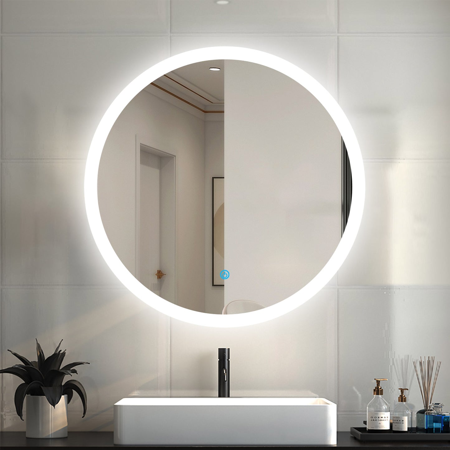 Round Bathroom Mirror with Light Demister Pad Touch Switch Wall Mounted 600x600mm