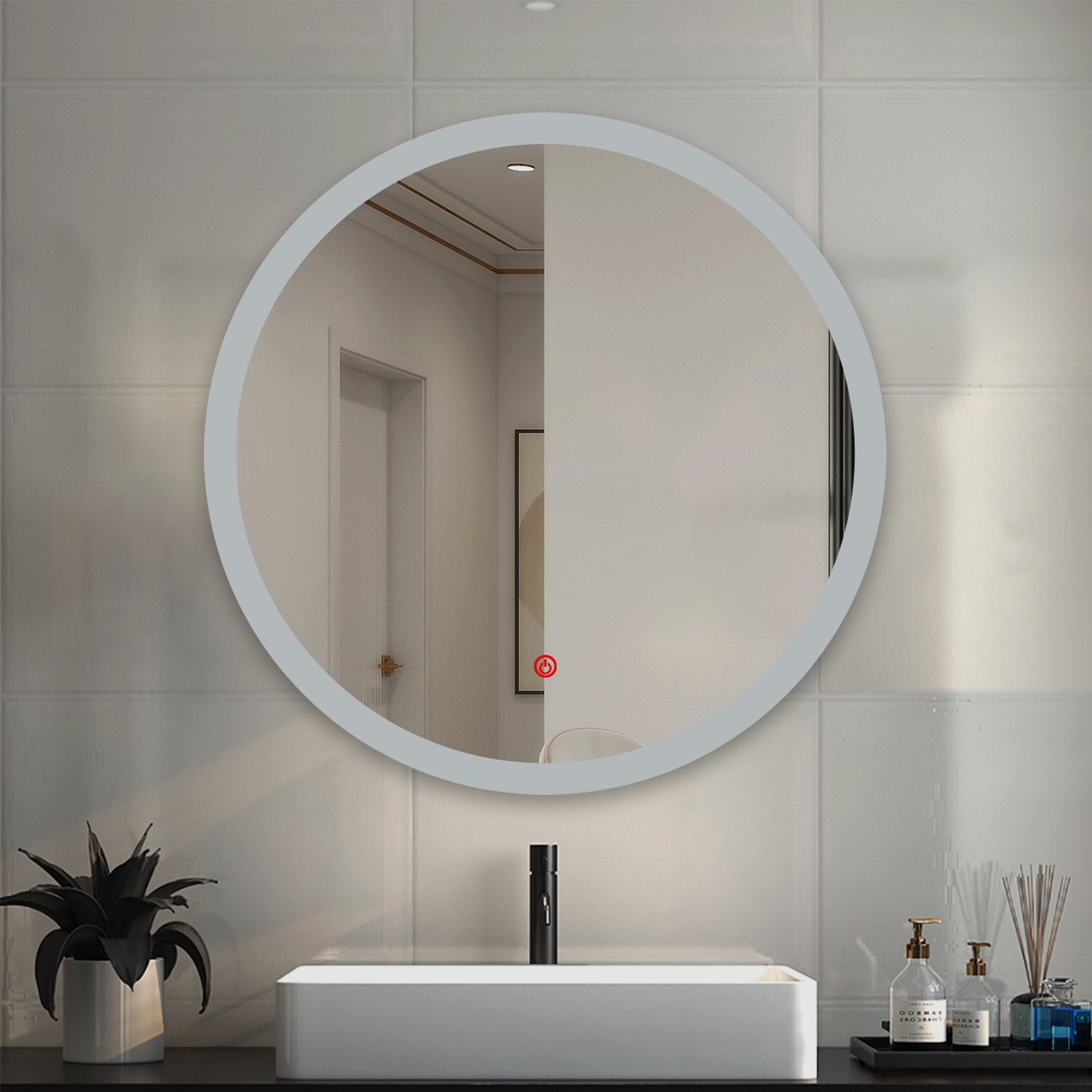 Round Bathroom Mirror with Light Demister Pad Touch Switch Wall Mounted 600x600mm