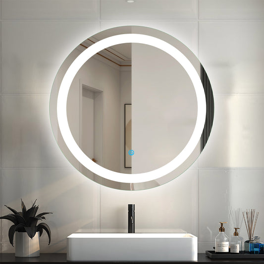 600mm Round Bathroom Mirror with LED Lights, Illuminated Backlit Vanity Mirror with Demister