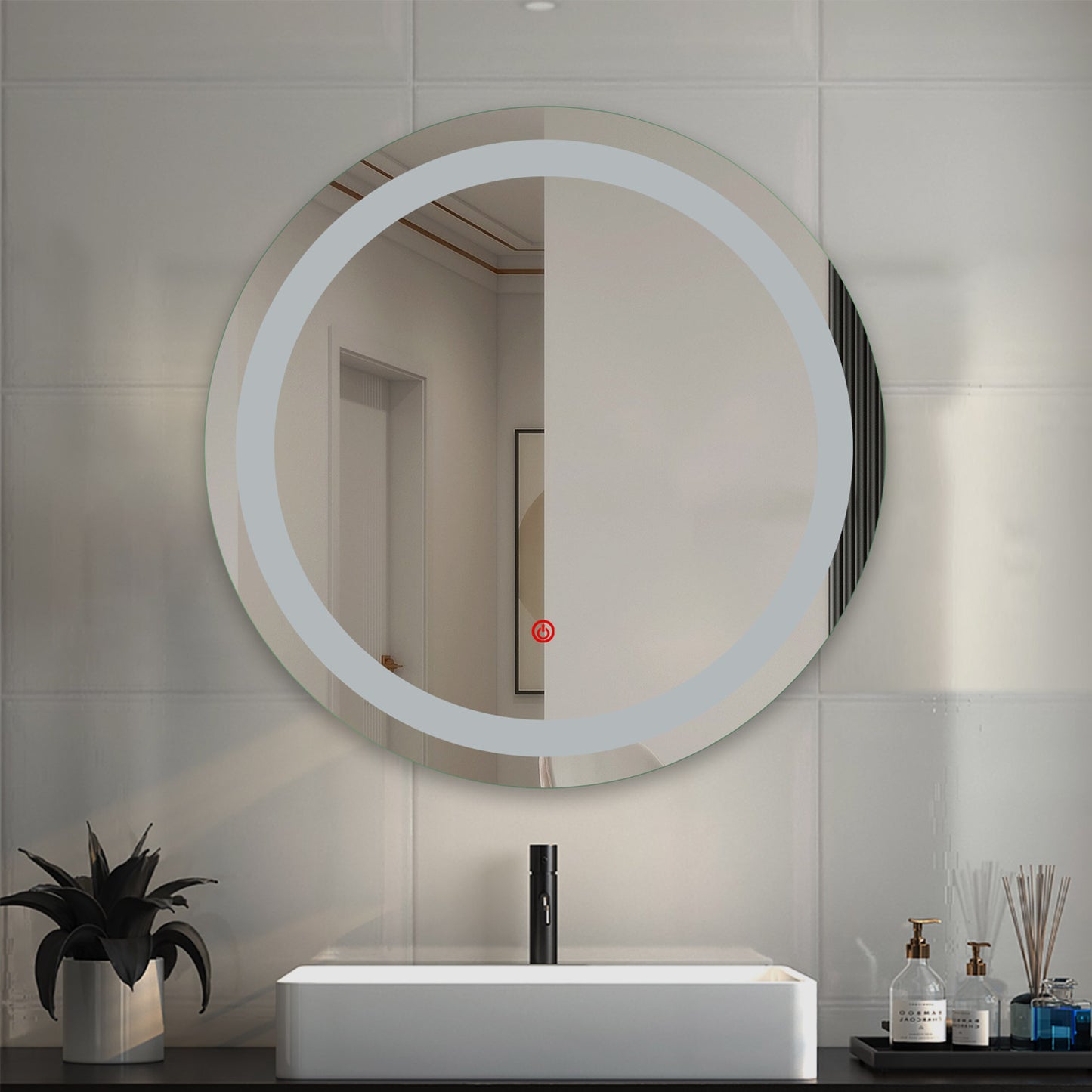 600mm Round Bathroom Mirror with LED Lights, Illuminated Backlit Vanity Mirror with Demister