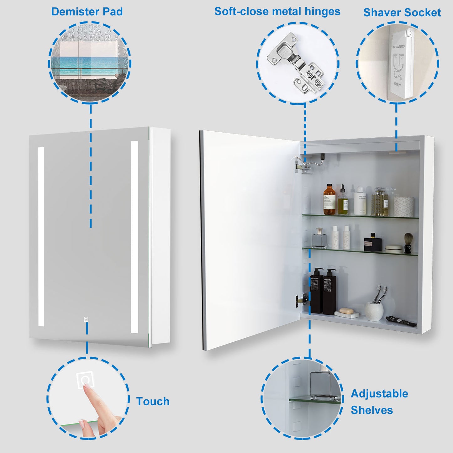 Bathroom Mirror Cabinet with Lights, Shaver Socket, Demister Pad, Touch Switch 450x600mm