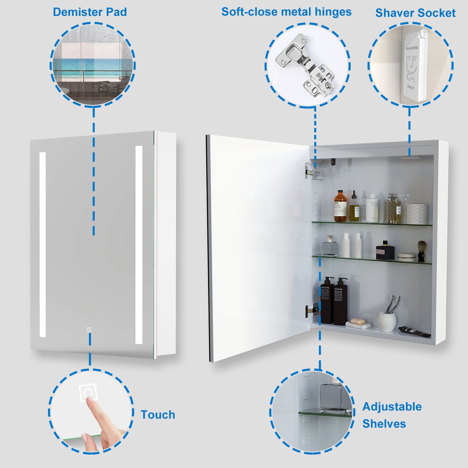 Bathroom Mirror Cabinet with Lights, Shaver Socket, Demister Pad, Touch Switch 450x600mm