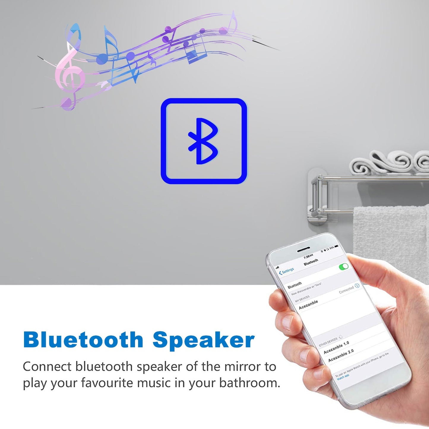 SKY bathroom Bathroom LED Mirror with Bluetooth and 3x Magnifier,3 LED Colors,Memory FunctionAnti-fog,Adjustable Temperature and Brightness