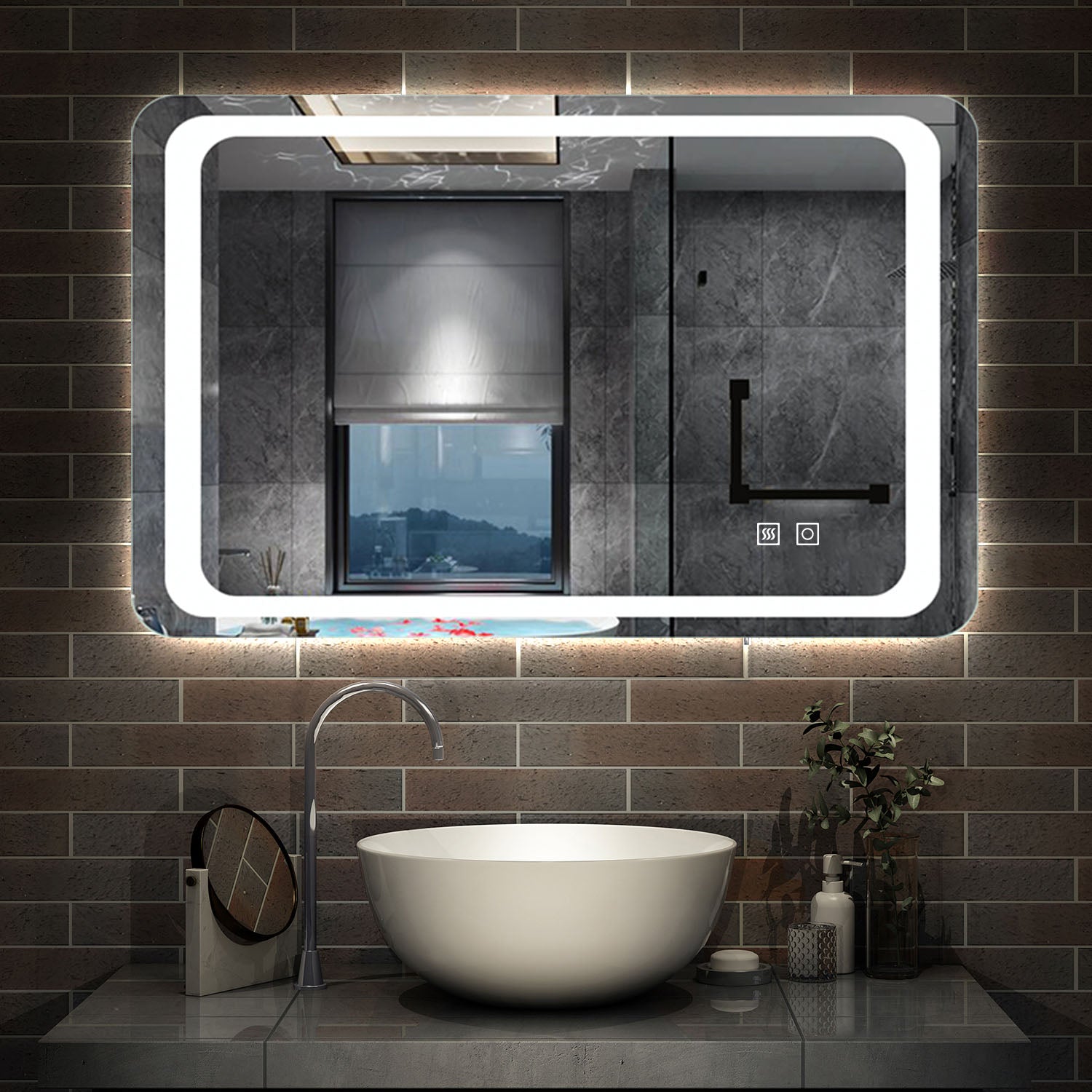 Bathroom Mirror with LED Lights, Skin Sensitive Touch Switch, Demister Pad, Wall Mounted