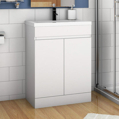 Floor standing Bathroom Vanity Unit with Basin Storage 2 Doors Cabinet Furniture, Gloss White