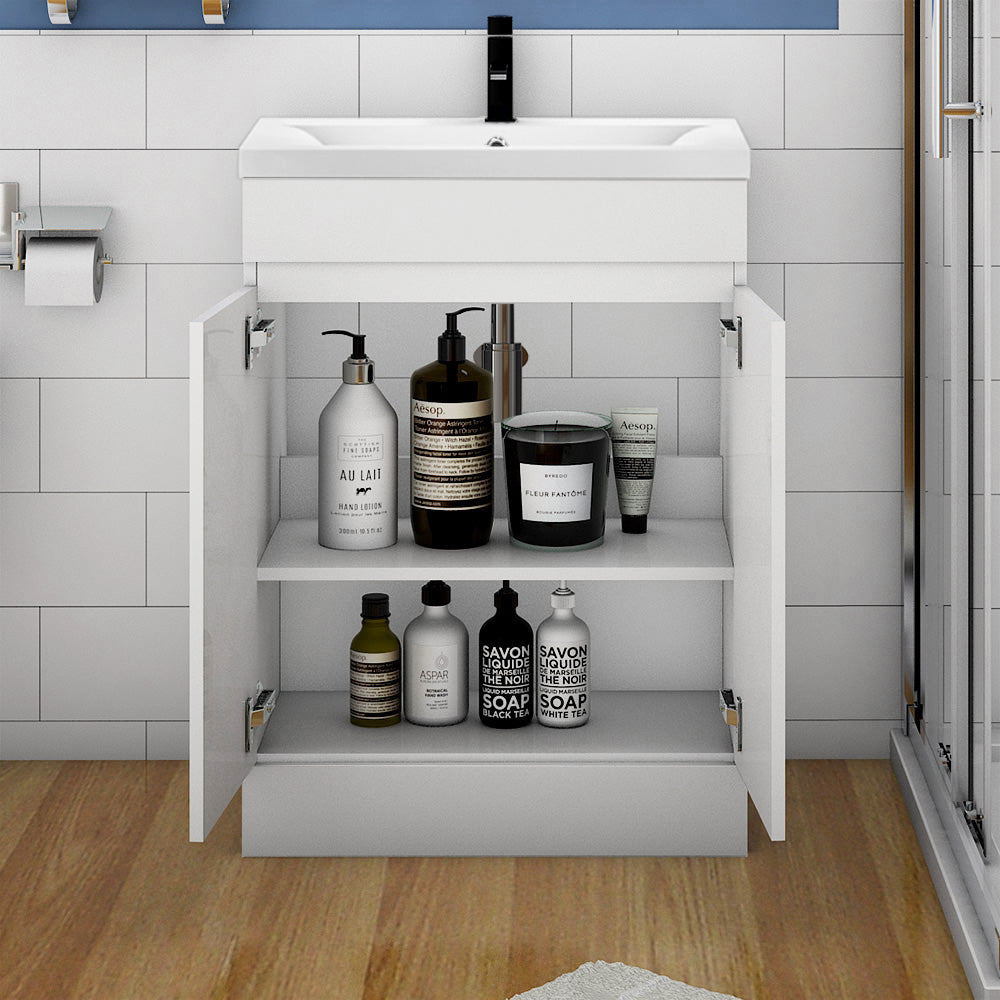 Floor standing Bathroom Vanity Unit with Basin Storage 2 Doors Cabinet Furniture, Gloss White