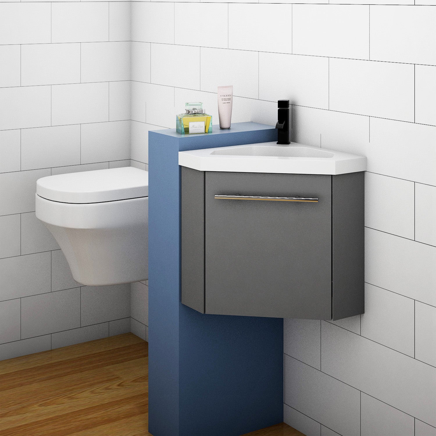 Cloakroom corner vanity unit store with basin and tap