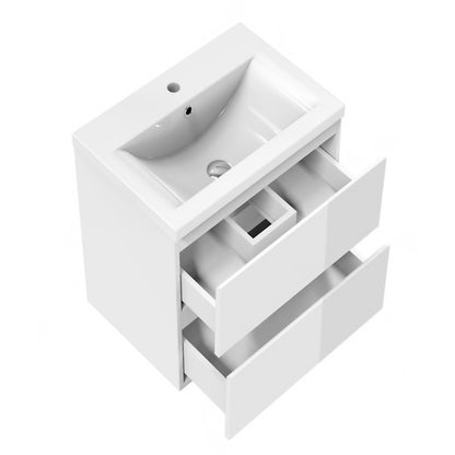 500/600mm Bathroom Vanity Unit with Basin Gloss White Cloakroom Sink Unit Two Drawers Wall Mounted