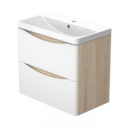 Bathroom Wall Hung Vanity Unit with Sink, with 2 White Drawers, Oak Body