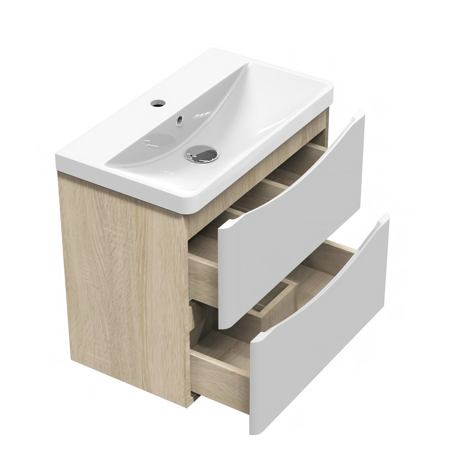 Bathroom Wall Hung Vanity Unit with Sink, with 2 White Drawers, Oak Body