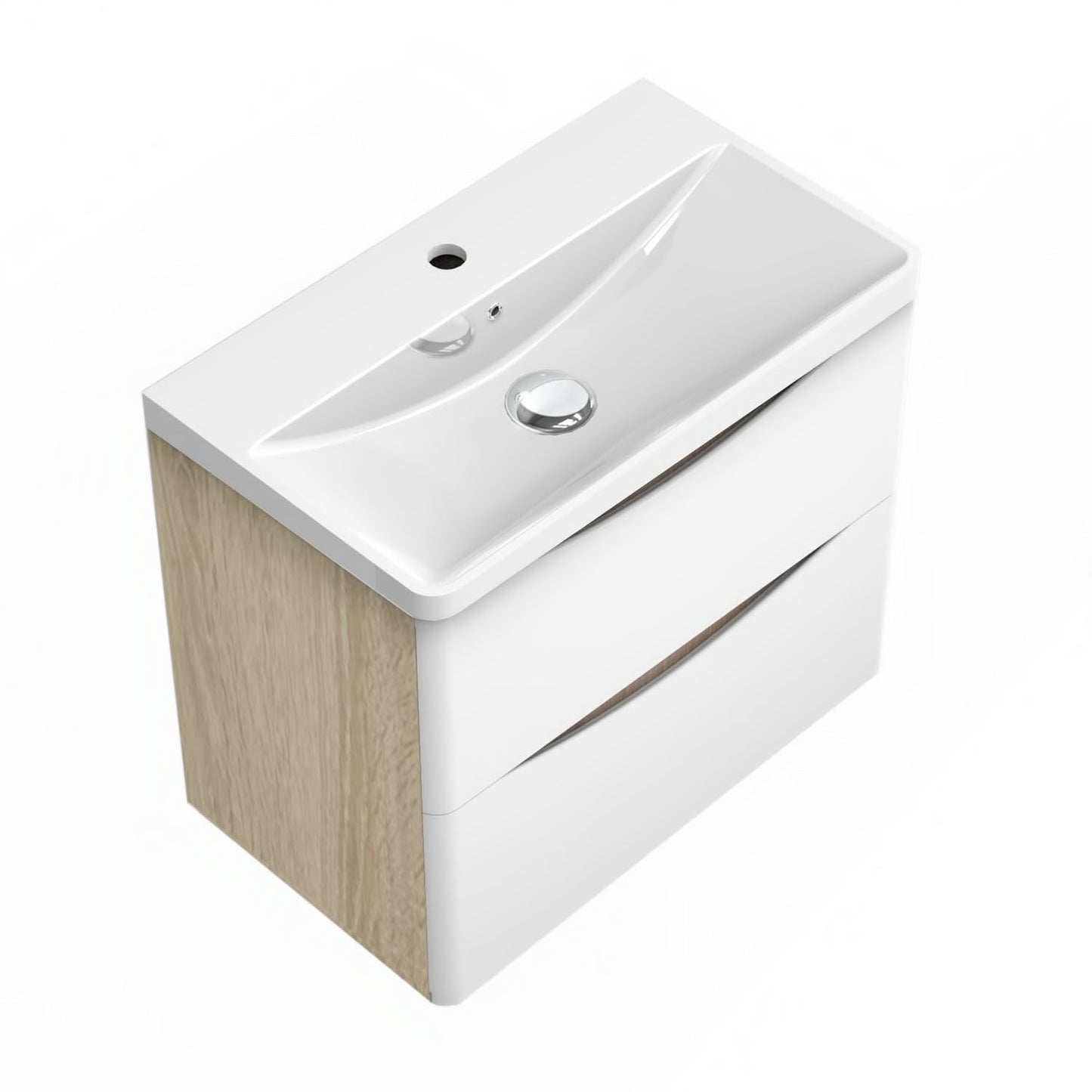 Bathroom Wall Hung Vanity Unit with Sink, with 2 White Drawers, Oak Body