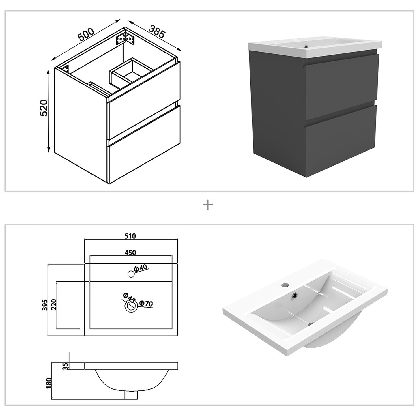 Bathroom Vanity Unit Basin Sink Wall Hung Soft Close Drawers Storage Cabinet, White/Grey