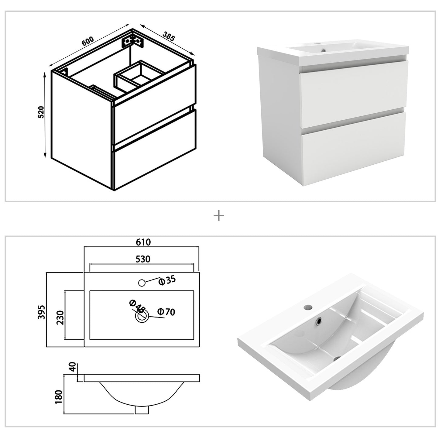 Bathroom Vanity Unit Basin Sink Wall Hung Soft Close Drawers Storage Cabinet, White/Grey