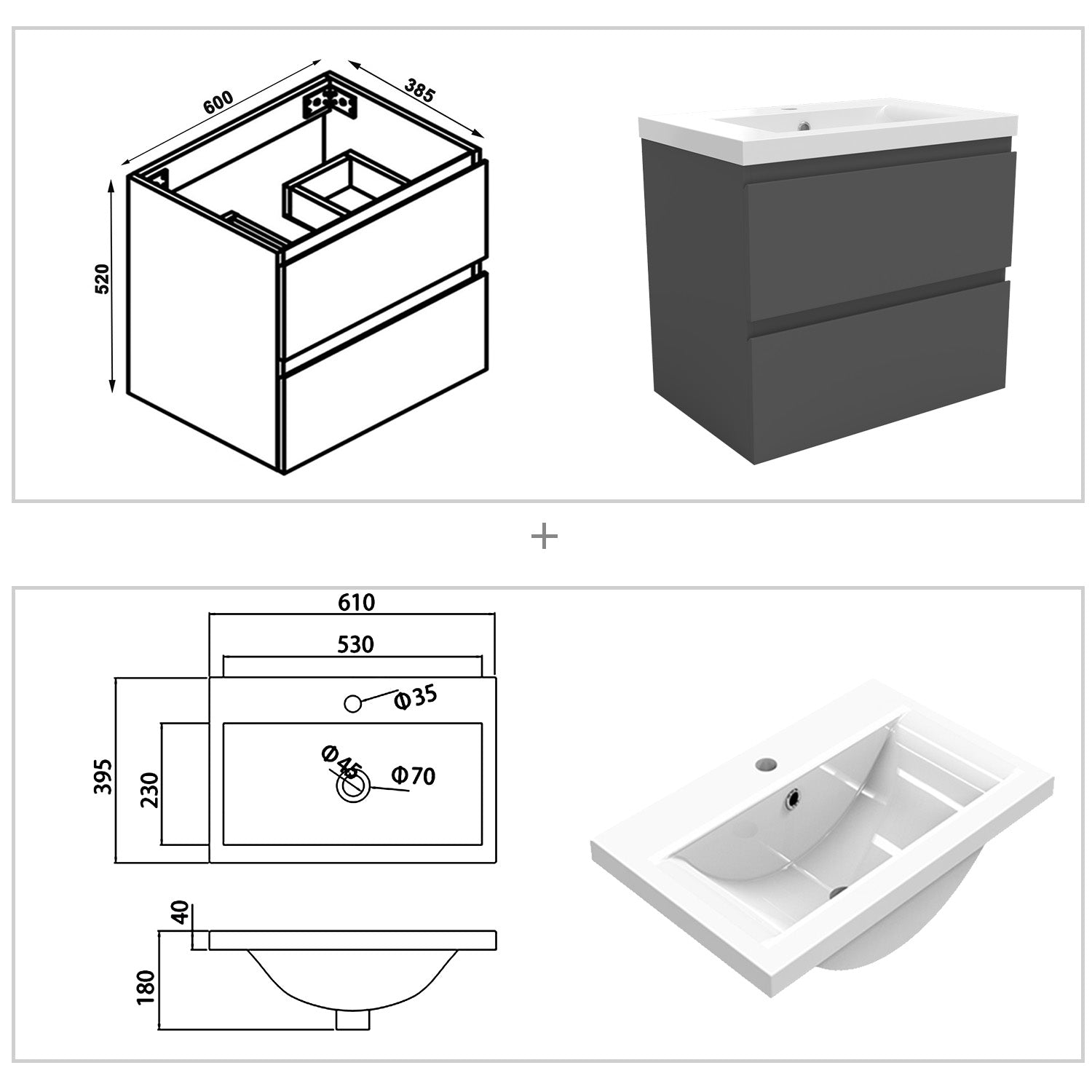 Bathroom Vanity Unit Basin Sink Wall Hung Soft Close Drawers Storage Cabinet, White/Grey