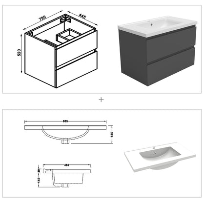 Bathroom Vanity Unit Basin Sink Wall Hung Soft Close Drawers Storage Cabinet, White/Grey