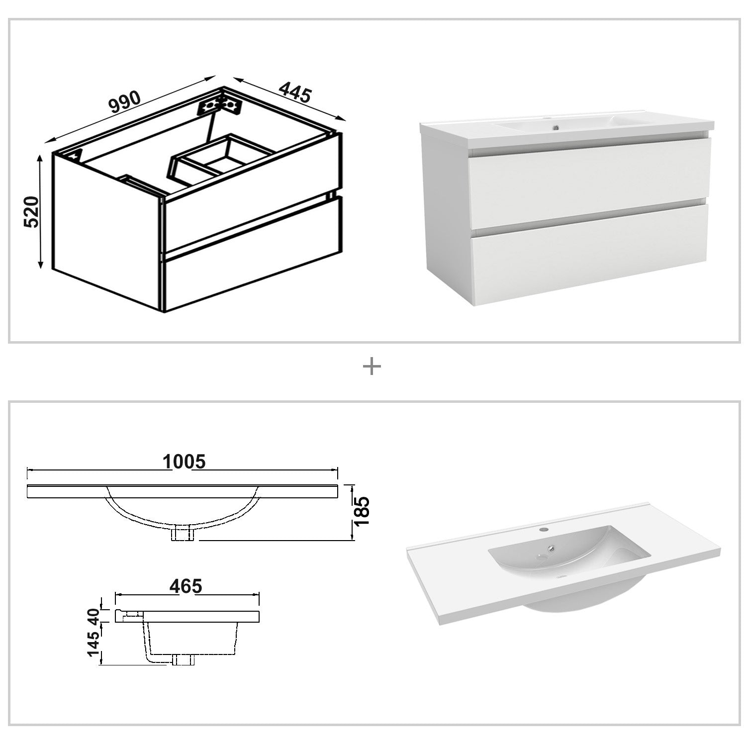 Bathroom Vanity Unit Basin Sink Wall Hung Soft Close Drawers Storage Cabinet, White/Grey