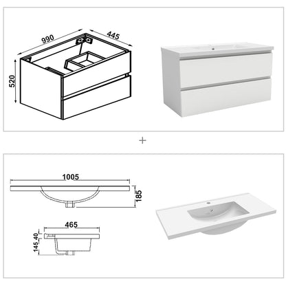 Bathroom Vanity Unit Basin Sink Wall Hung Soft Close Drawers Storage Cabinet, White/Grey