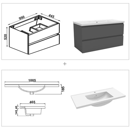 Bathroom Vanity Unit Basin Sink Wall Hung Soft Close Drawers Storage Cabinet, White/Grey