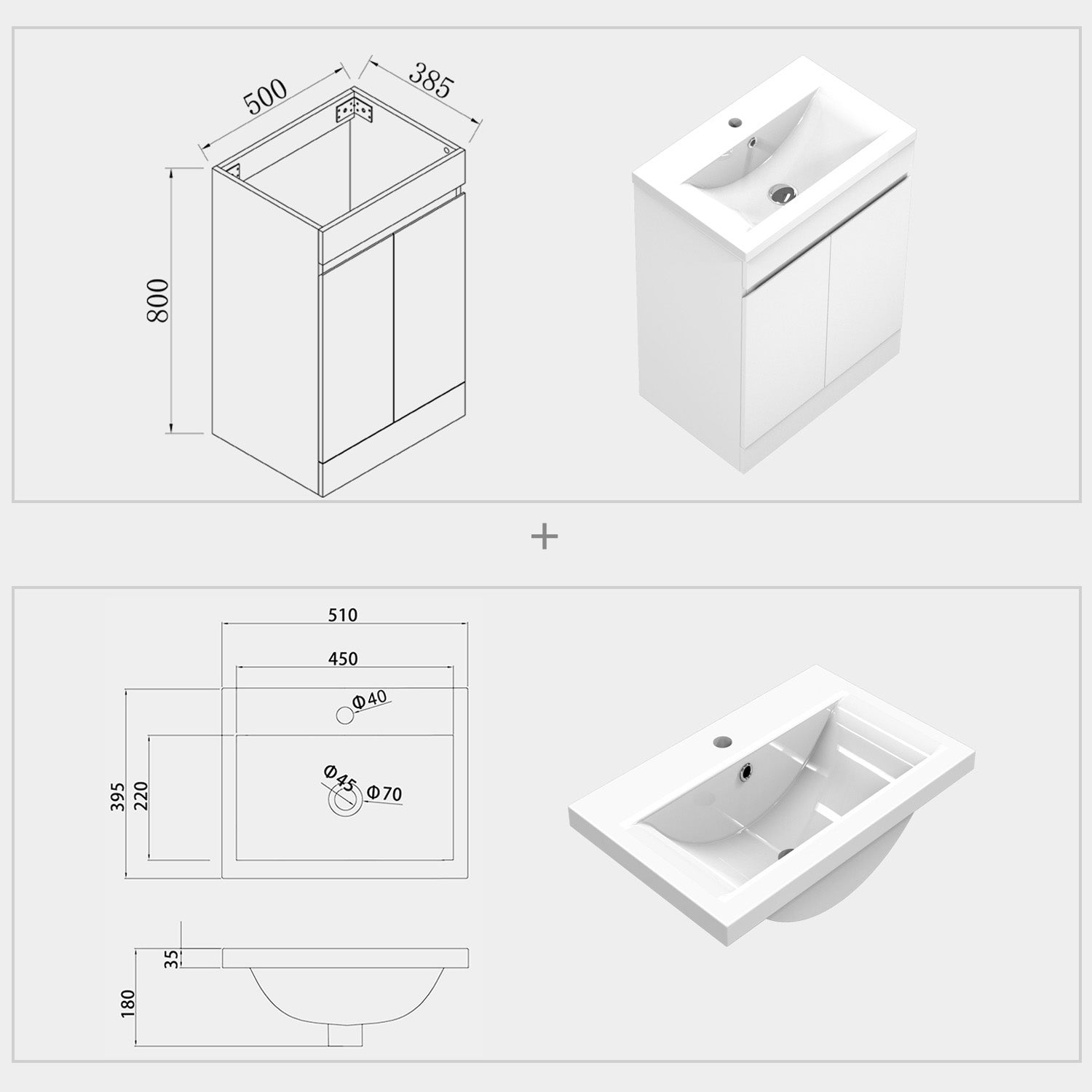 Floor standing Bathroom Vanity Unit with Basin Storage 2 Doors Cabinet Furniture, Gloss White