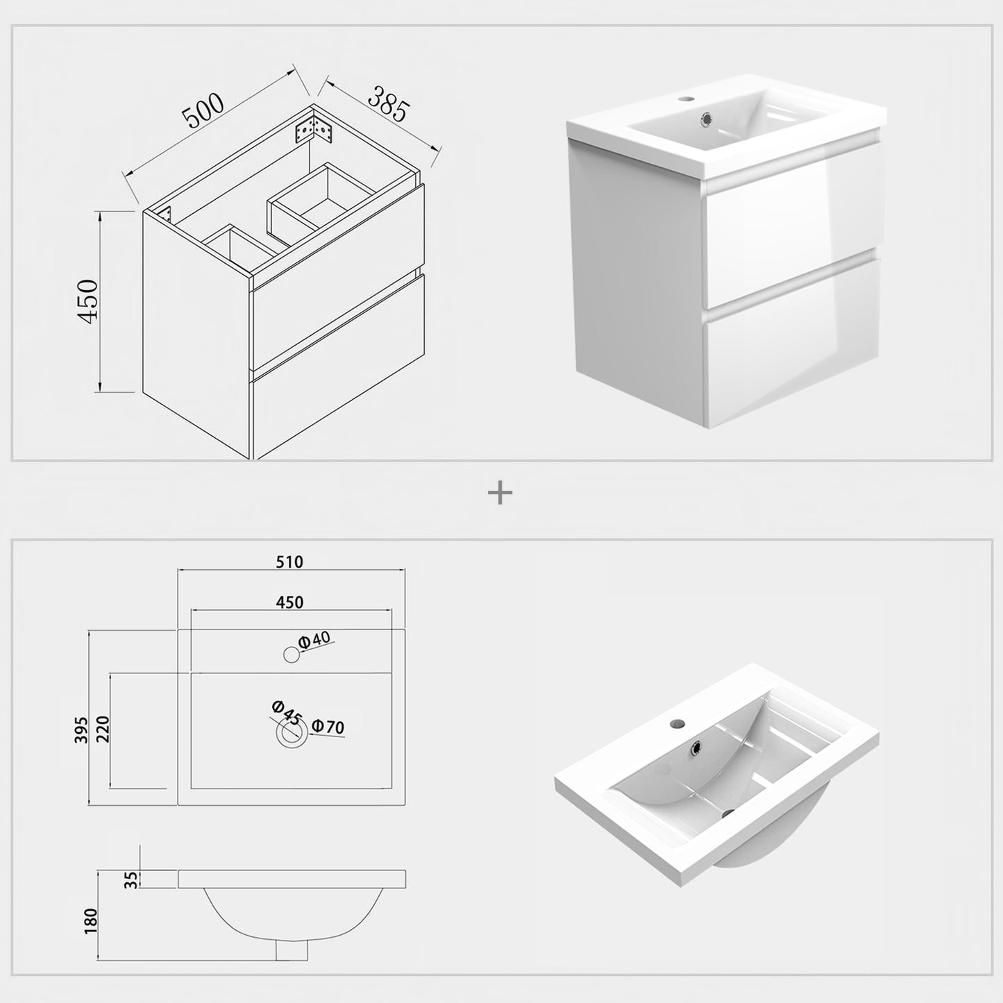 500/600mm Bathroom Vanity Unit with Basin Gloss White Cloakroom Sink Unit Two Drawers Wall Mounted