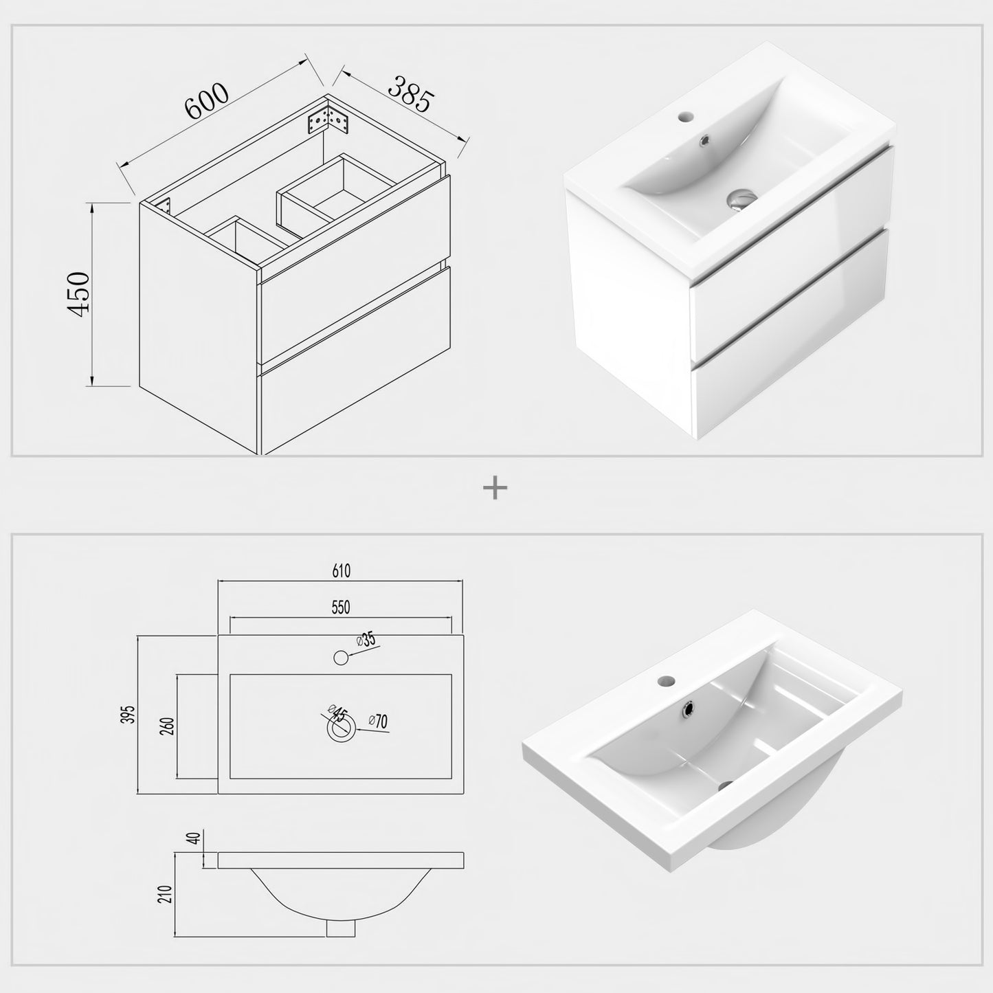 500/600mm Bathroom Vanity Unit with Basin Gloss White Cloakroom Sink Unit Two Drawers Wall Mounted