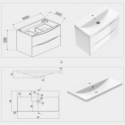 Bathroom Vanity Units with Sink Wall Hung, 2 Drawers, Gloss White