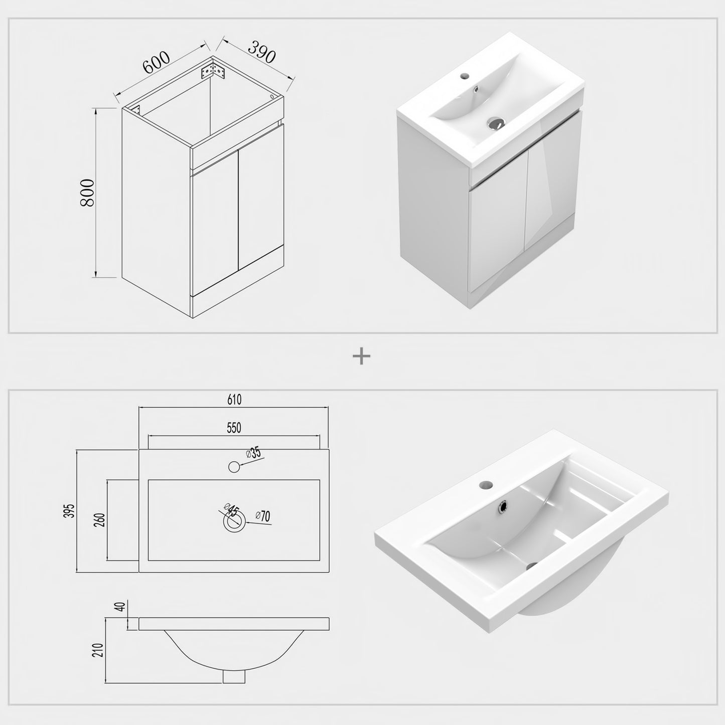 Floor standing Bathroom Vanity Unit with Basin Storage 2 Doors Cabinet Furniture, Gloss White